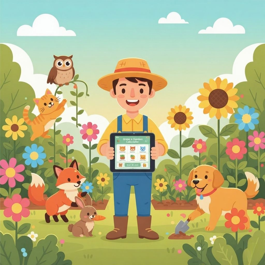 Colorful garden scene with cute pets like owls, cats, and rabbits helping a gardener use the Grow a Garden Calculator to plan crops and boost yield.