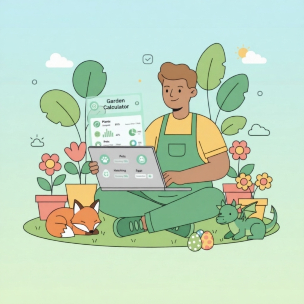 Gardener using an online Grow a Garden Calculator on a laptop surrounded by plants, flowers, and pets with charts and icons for plants, pets, and eggs in a bright eco-friendly illustration.