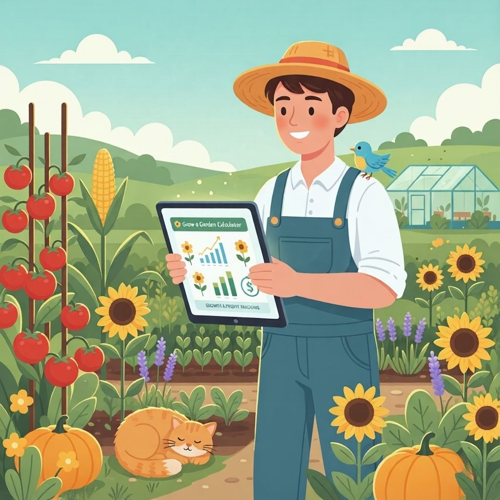 Gardener using a Grow a Garden Calculator in a bright garden surrounded by plants, crops, and charts showing growth and profit statistics.