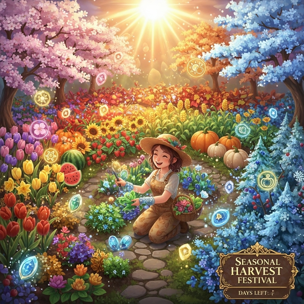 Gardener harvesting glowing rare seeds in a colorful seasonal fantasy garden with event decorations and rewards.