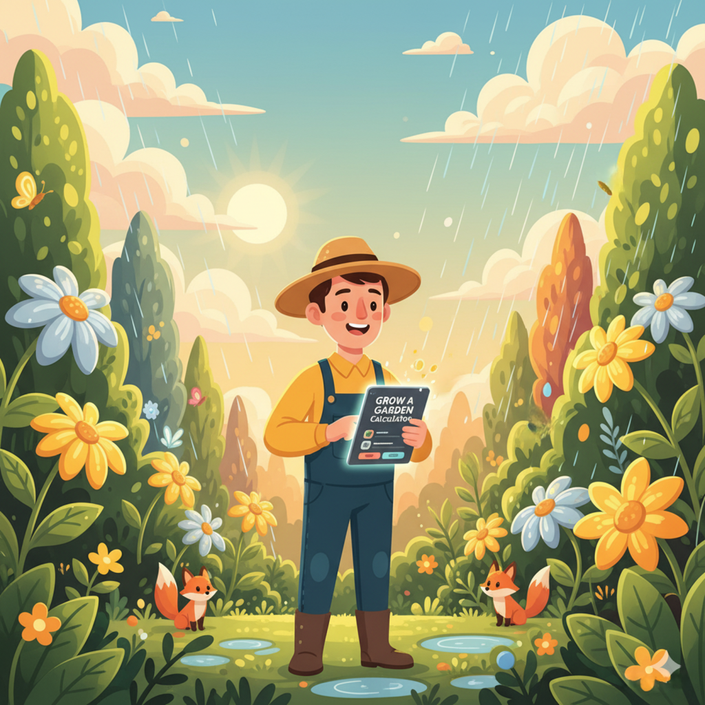 Friendly gardener using Grow a Garden Calculator surrounded by colorful mutated plants and dynamic weather effects.